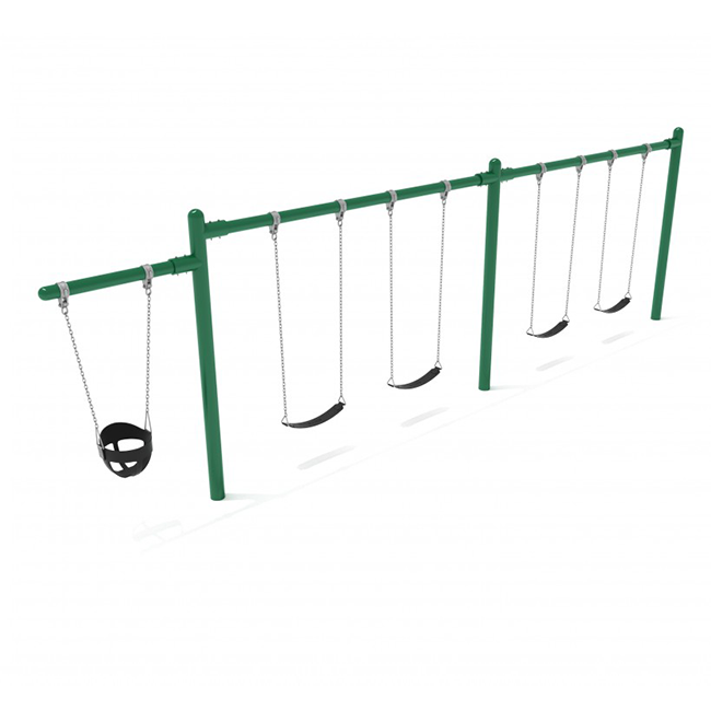 0018016_78-foot-high-elite-commercial-swing-set-with-4-belt-swings-and-1-bucket-seat-2-bay-1-cantilever-fram.png Cantilever Swing Set, 4 Belt Swings 2 Bucket Swings / Rainforest Green - Image 1