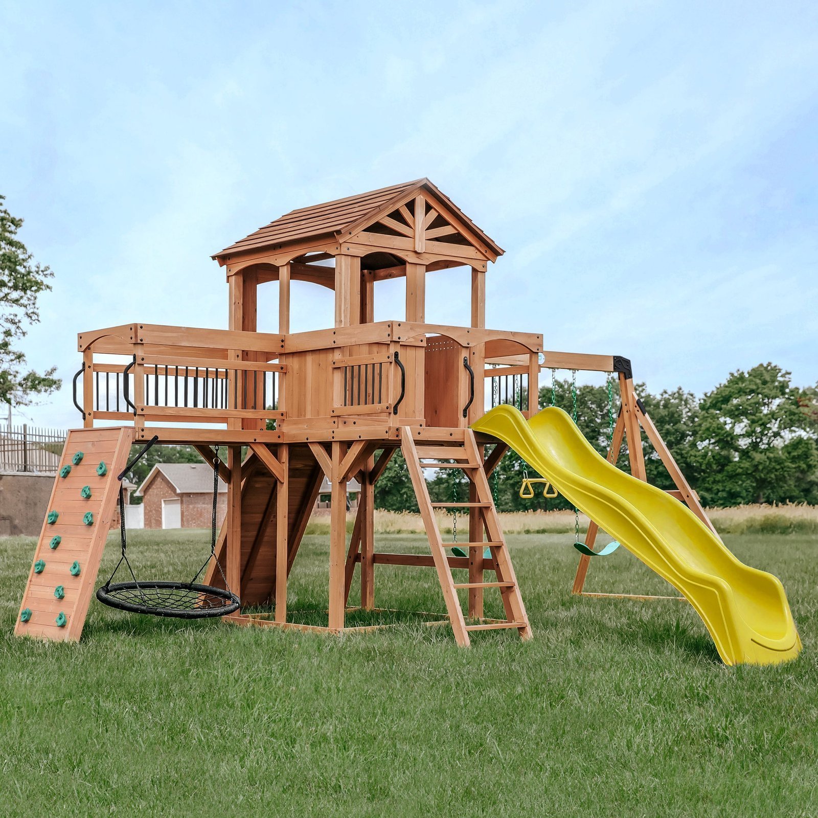 Sterling-Point-Yellow-Hero.jpg Backyard Discovery Sterling Point Cedar Wood Swing Set - Image 1